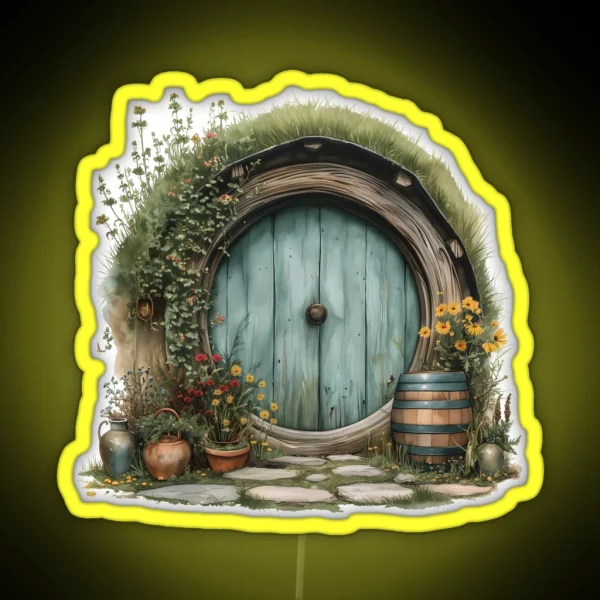 Halfling Round Door In Watercolor Fantasy RGB Neon Sign