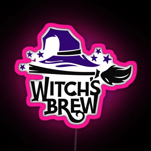 Halloween Witches Broom And Hat Brew RGB Neon Sign
