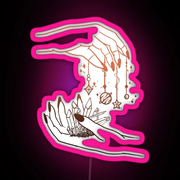 Hand Holding Planets And Crystals RGB Neon Sign