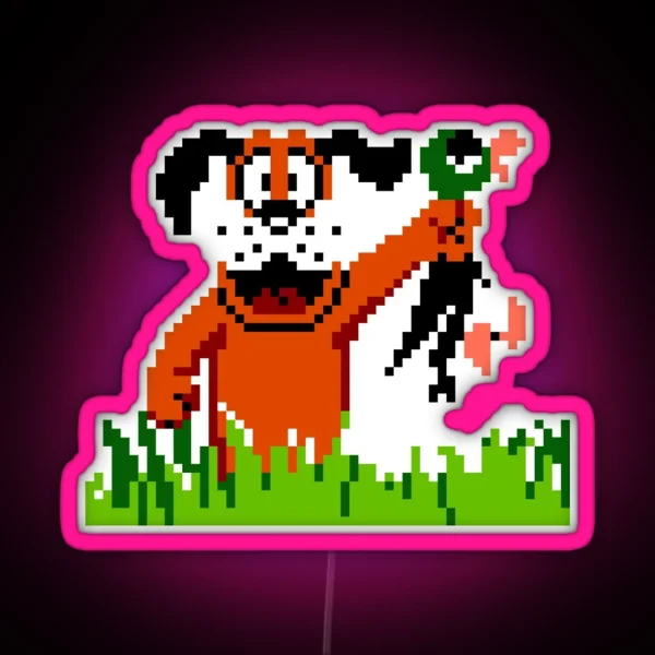 Happy Dog Holding Single Duck From Duck Hunt Arcade Video Game RGB Neon Sign