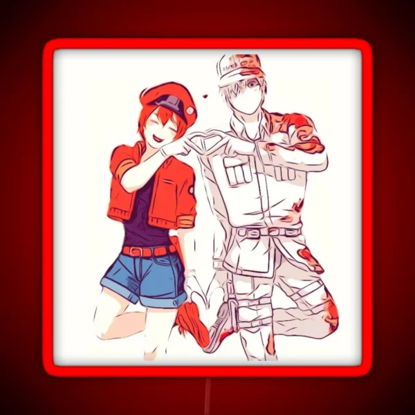 Hataraku Saibou Cells At Work Red Blood Cell And White Blood Cell Sketch RGB Neon Sign