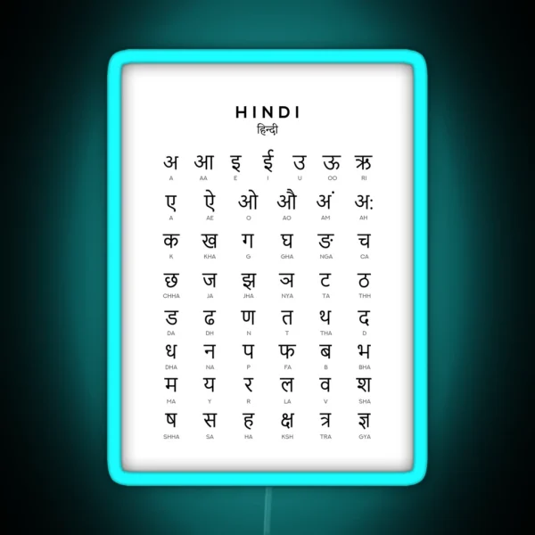 Hindi Alphabet Chart Hindi Varnamala Language Chart White RGB Neon Sign