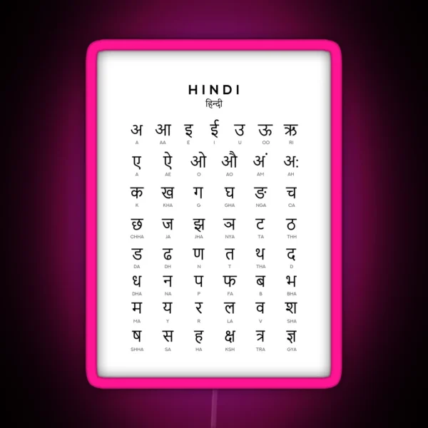 Hindi Alphabet Chart Hindi Varnamala Language Chart White RGB Neon Sign