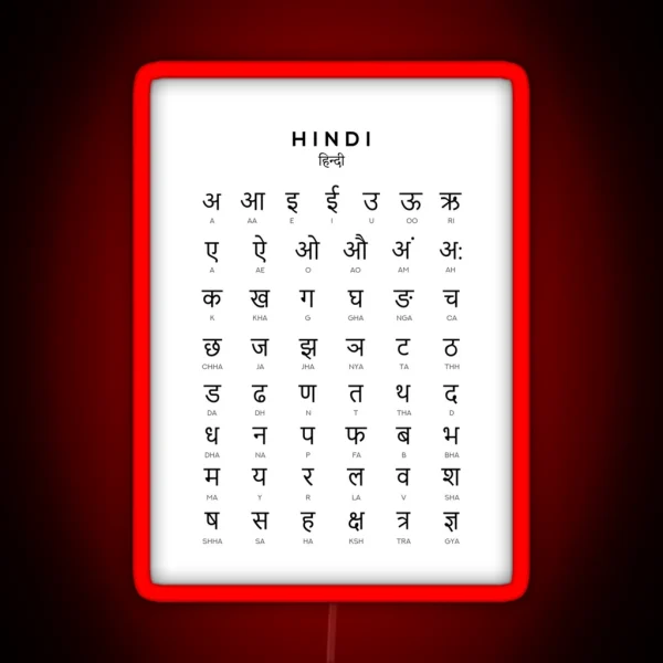 Hindi Alphabet Chart Hindi Varnamala Language Chart White RGB Neon Sign