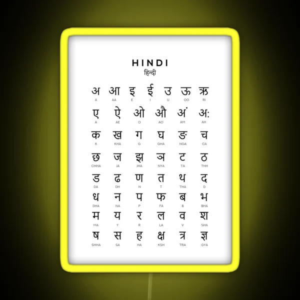 Hindi Alphabet Chart Hindi Varnamala Language Chart White RGB Neon Sign