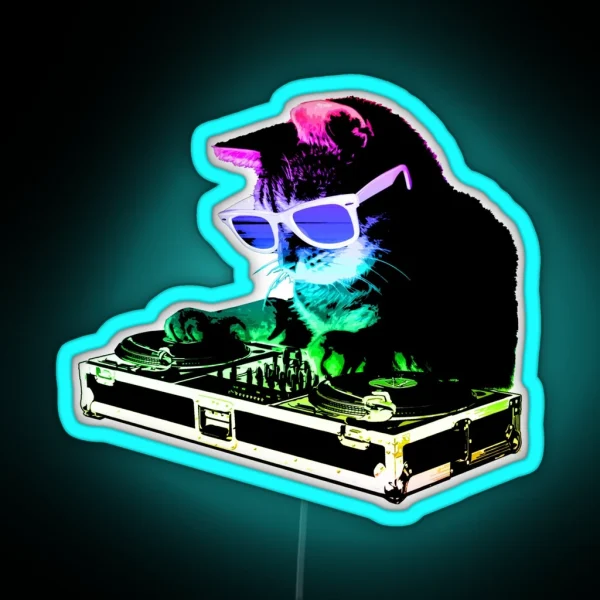 HOUSE CAT Rainbow DJ Kitty RGB Neon Sign