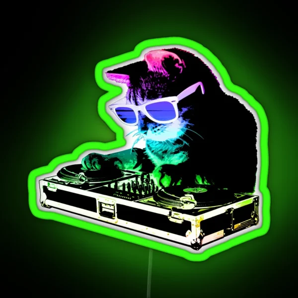 HOUSE CAT Rainbow DJ Kitty RGB Neon Sign
