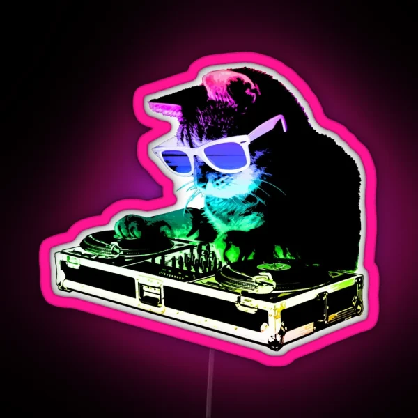HOUSE CAT Rainbow DJ Kitty RGB Neon Sign