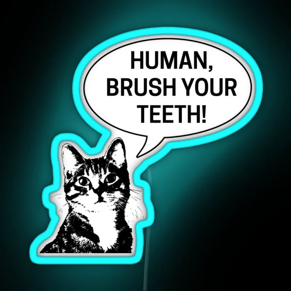 Human Brush Your Teeth Bathroom Nighttime Routine Kids Funny Cat Instruction RGB Neon Sign