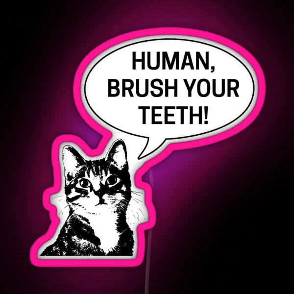 Human Brush Your Teeth Bathroom Nighttime Routine Kids Funny Cat Instruction RGB Neon Sign