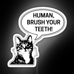 Human Brush Your Teeth Bathroom Nighttime Routine Kids Funny Cat Instruction RGB Neon Sign