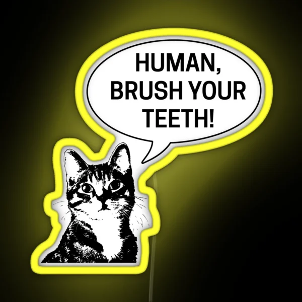 Human Brush Your Teeth Bathroom Nighttime Routine Kids Funny Cat Instruction RGB Neon Sign