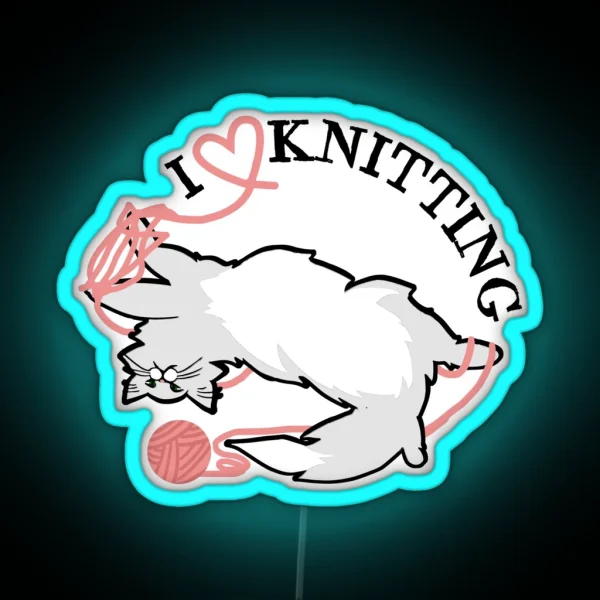 I Love Knitting Cat Tangled In Yarn RGB Neon Sign