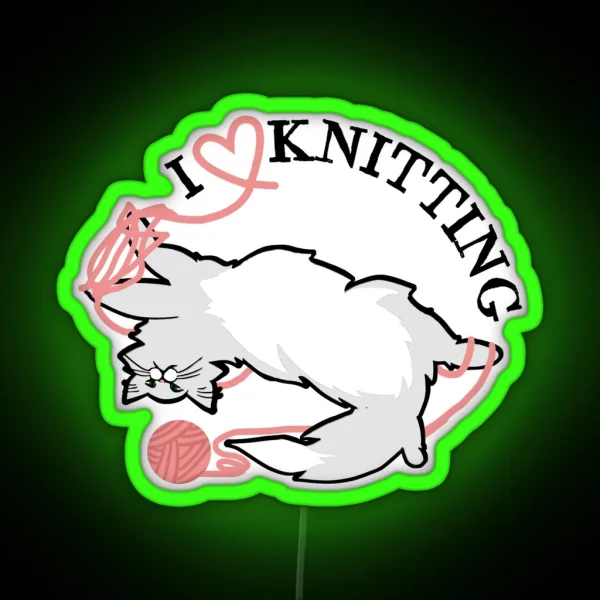 I Love Knitting Cat Tangled In Yarn RGB Neon Sign