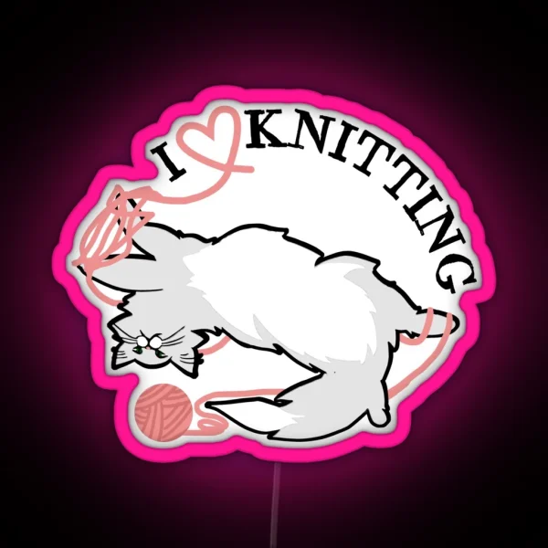 I Love Knitting Cat Tangled In Yarn RGB Neon Sign