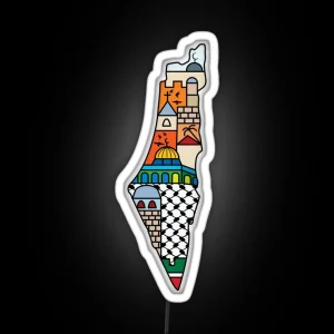 I Love Palestine My Homeland Palestinian Map With Kufiya Hatta Pattern And Most Sacred Cites Wht RGB Neon Sign