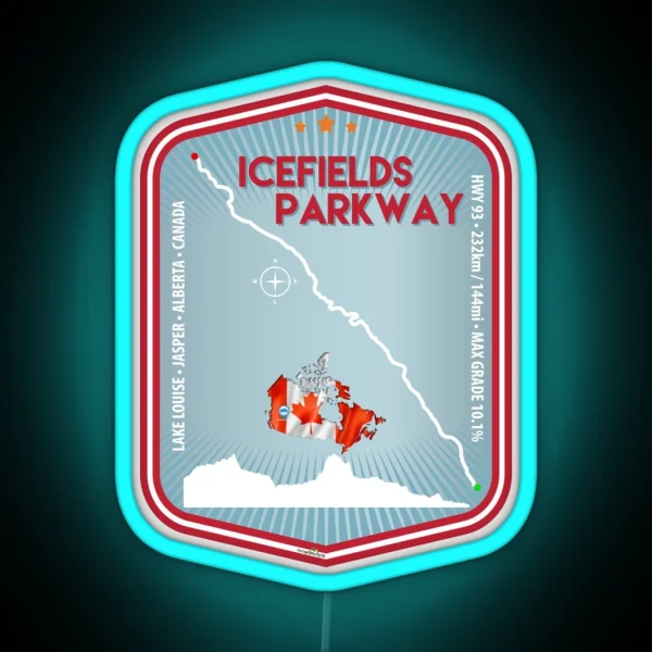 Icefields Parkway Canada Highway 93 Road Trip Motorcycle Sports Car Camper Trail Map Art Print RGB Neon Sign