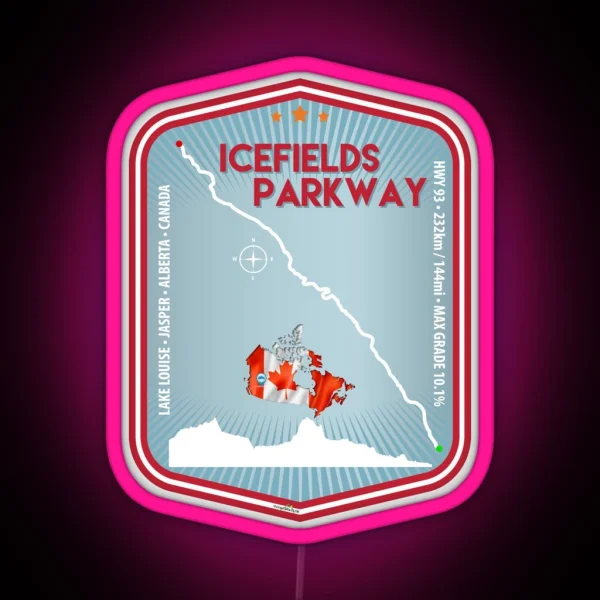 Icefields Parkway Canada Highway 93 Road Trip Motorcycle Sports Car Camper Trail Map Art Print RGB Neon Sign