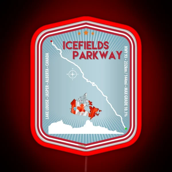 Icefields Parkway Canada Highway 93 Road Trip Motorcycle Sports Car Camper Trail Map Art Print RGB Neon Sign