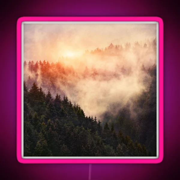 In My Other World Sunrise In A Romantic Misty Foggy Autumn Fairytale Wilderness Forest With Trees Covered In Fog And Sunlight RGB Neon Sign