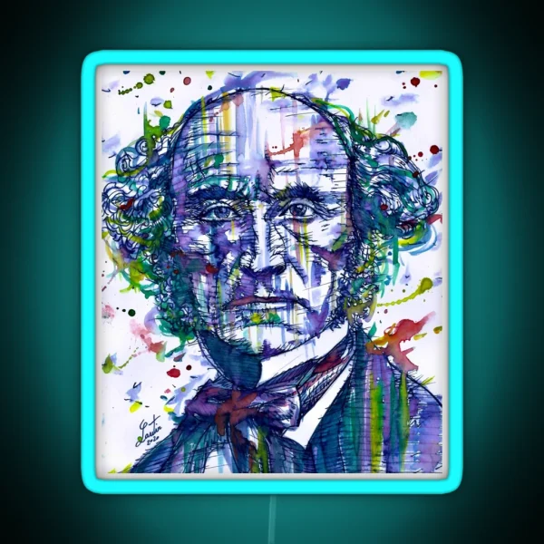 JOHN STUART MILL Watercolor And Ink Portrait RGB Neon Sign