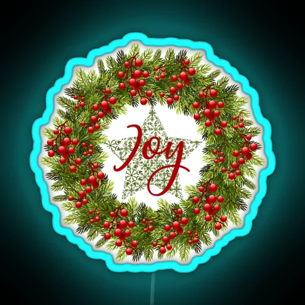 JOY Rustic Wreath Dark Green Background RGB Neon Sign