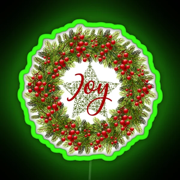 JOY Rustic Wreath Dark Green Background RGB Neon Sign