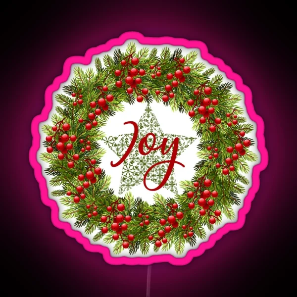 JOY Rustic Wreath Dark Green Background RGB Neon Sign