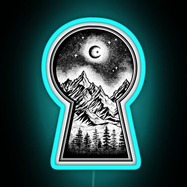 Keyhole Revealing Snowy Mountains Moon And Stars RGB Neon Sign