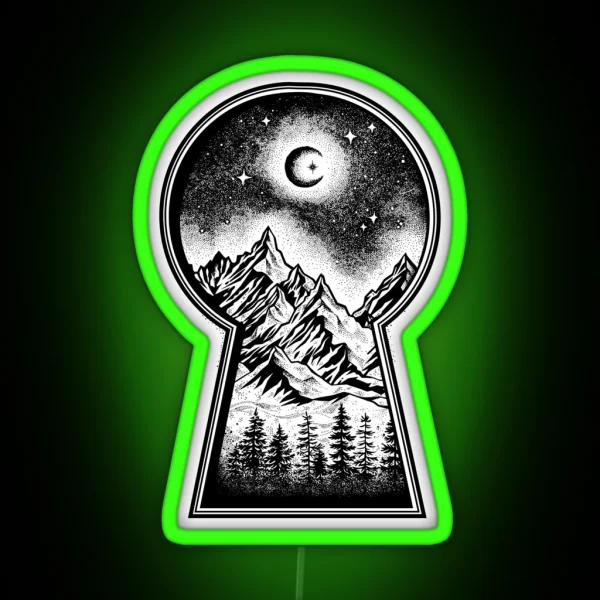 Keyhole Revealing Snowy Mountains Moon And Stars RGB Neon Sign