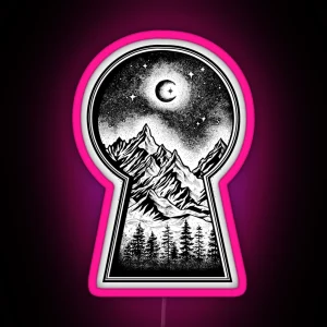 Keyhole Revealing Snowy Mountains Moon And Stars RGB Neon Sign