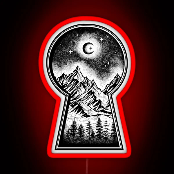 Keyhole Revealing Snowy Mountains Moon And Stars RGB Neon Sign