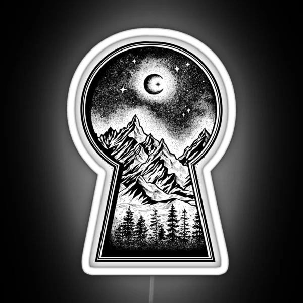 Keyhole Revealing Snowy Mountains Moon And Stars RGB Neon Sign
