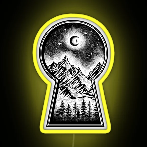 Keyhole Revealing Snowy Mountains Moon And Stars RGB Neon Sign