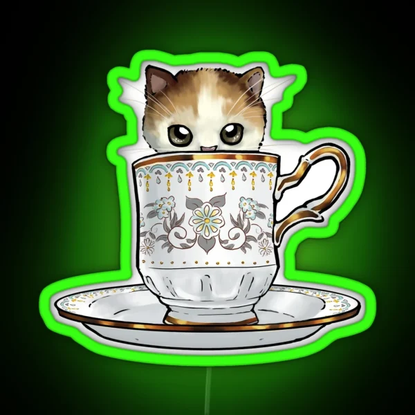 Kitten In A Tea Cup Original Colors Calico Kitten RGB Neon Sign