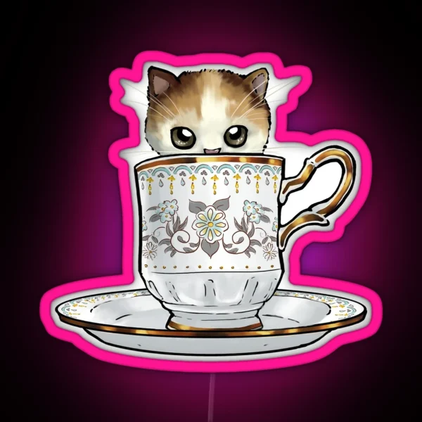 Kitten In A Tea Cup Original Colors Calico Kitten RGB Neon Sign