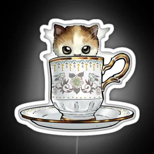 Kitten In A Tea Cup Original Colors Calico Kitten Floral Vines RGB Neon Sign