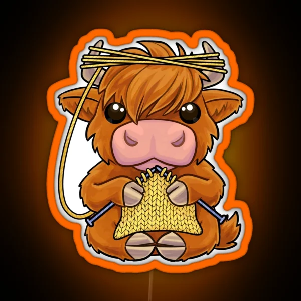 Knitting Highland Cow RGB Neon Sign