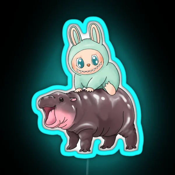Labubu Riding Moo Deng Macaron Green Ququ Cute RGB Neon Sign