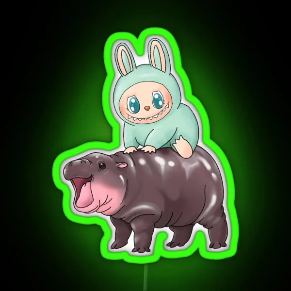 Labubu Riding Moo Deng Macaron Green Ququ Cute RGB Neon Sign