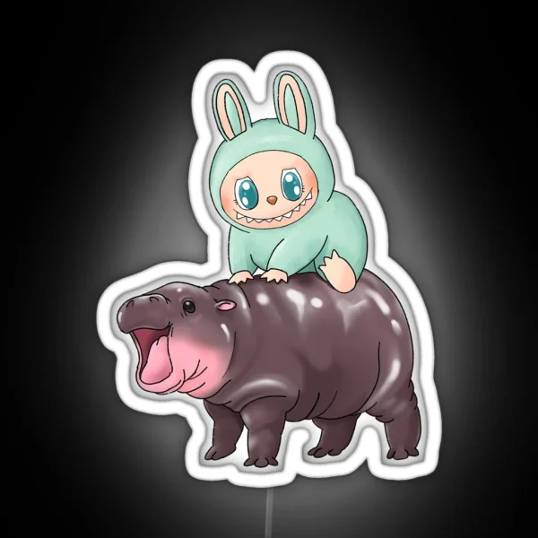 Labubu Riding Moo Deng Macaron Green Ququ Cute RGB Neon Sign