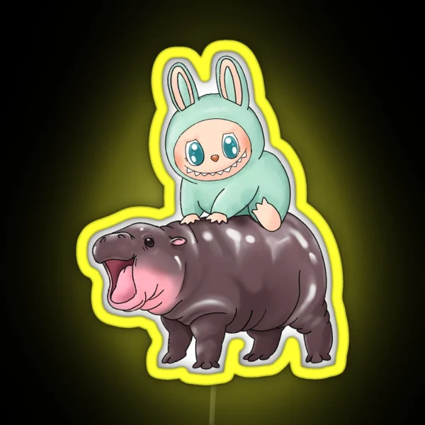 Labubu Riding Moo Deng Macaron Green Ququ Cute RGB Neon Sign