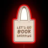 Cute beige and brown tote bag with a vibrant RGB neon sign for book shopping.