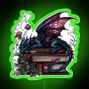 A vibrant neon sign reading 'Life is Better with Dragons and Books' in green RGB colors.