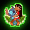 Lilo and Stitch hugging in an RGB neon sign with green tones.