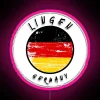 vintage german flag with rgb neon sign displaying "lingen germany" in pink tones