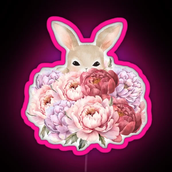 Little Easter Bunny Hiding Peonies RGB Neon Sign