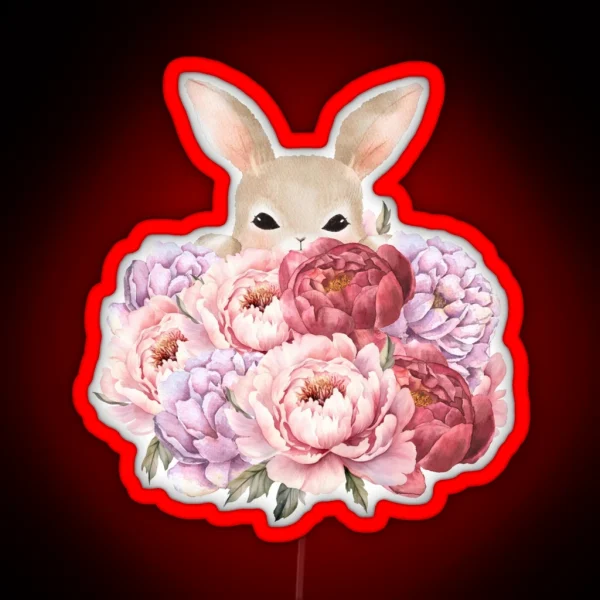 Little Easter Bunny Hiding Peonies RGB Neon Sign
