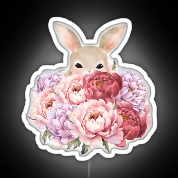 Little Easter Bunny Hiding Peonies RGB Neon Sign