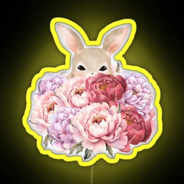 Little Easter Bunny Hiding Peonies RGB Neon Sign